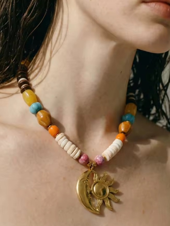 Anthropologie Jewelry - Celestial Sun Moon Gold Beaded Necklace
